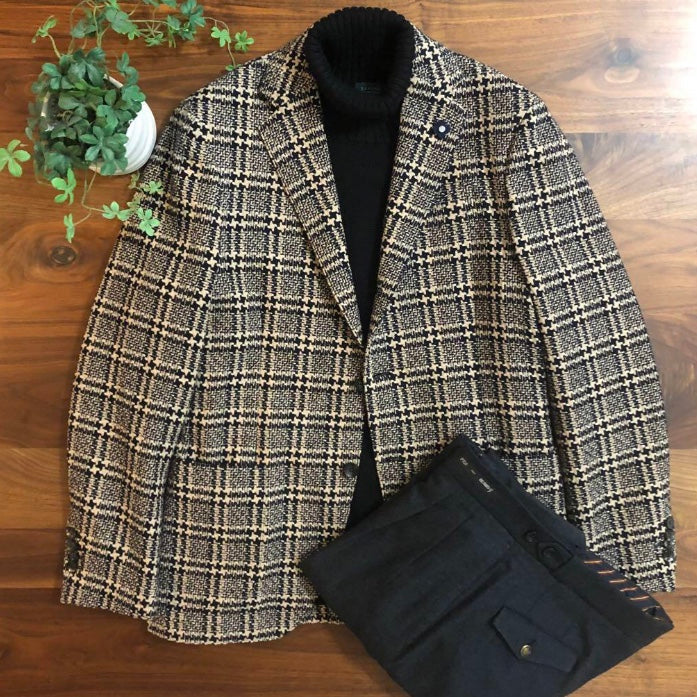 LARDINIラルディーニ総柄ベージュ×ブラック大判チェックジャケット