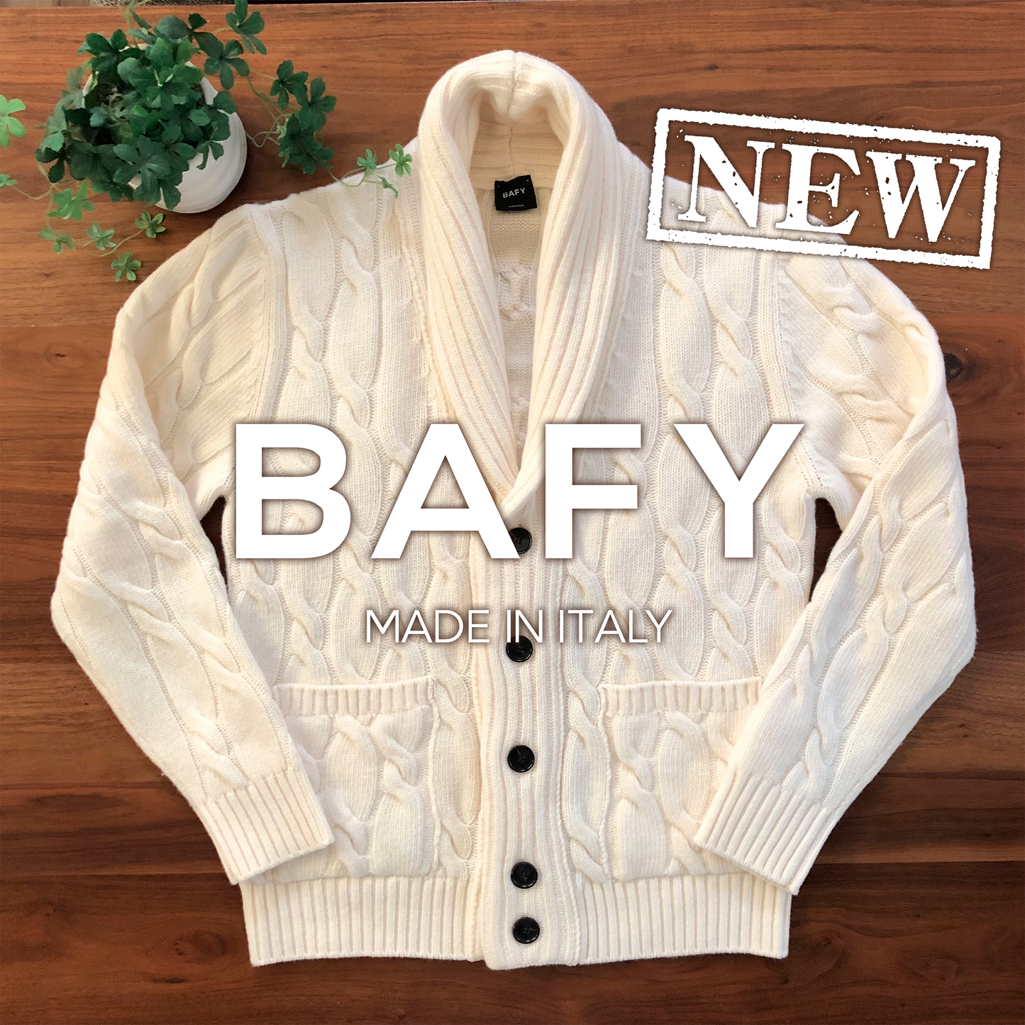 BAFYバフィーショールカラーケーブルニットカーディガン48オフホワイト