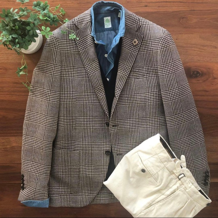 LARDINIラルディーニグレンチェックジャケット48 ブートニエール